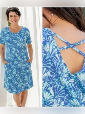Blue Floral Print Short Sleeve Dress with Back Strap Detail
